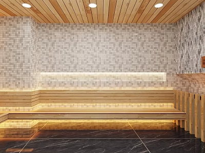 Modern Shower Sauna Interior With Wooden Ceiling Mosaic Tiles Benches Lighting And Marble Floor 3d model