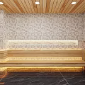 Modern Shower Sauna Interior With Wooden Ceiling Mosaic Tiles Benches Lighting And Marble Floor