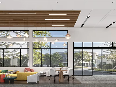 Modern Front Desk Reception Area Design With Wooden Ceiling Large Windows Sofa and Chairs 3d model