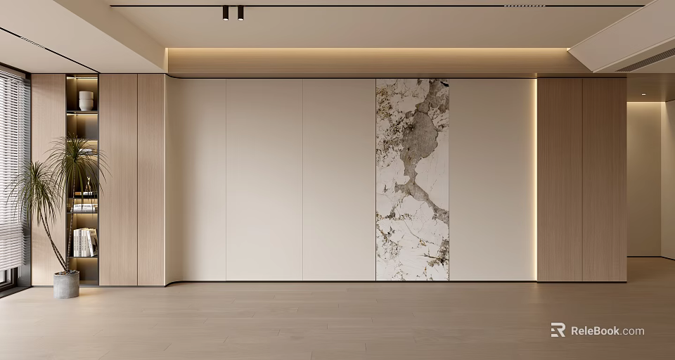 Modern Background Wall Design With Marble Texture Wooden Panels And Ambient Lighting 3d model 
