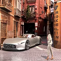 Silver Mercedes Concept Convertible Parked On Old Street With Historic Buildings And Female Pedestrian