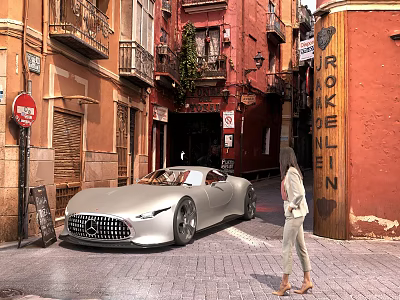 Silver Mercedes Concept Convertible Parked On Old Street With Historic Buildings And Female Pedestrian 3d model
