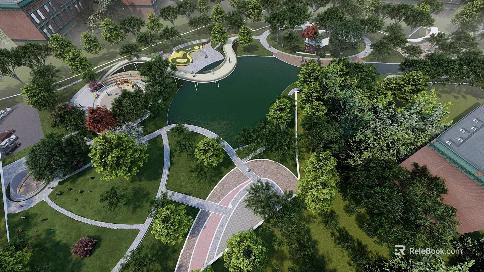 Scenic Park Landscape With Lake Curved Walkways Lush Trees And Green Lawns 3d model 