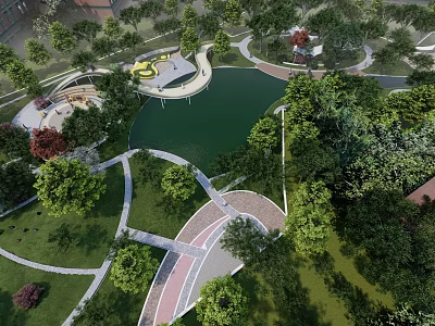 Scenic Park Landscape With Lake Curved Walkways Lush Trees And Green Lawns 3d model