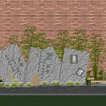 Garden Ornaments Featuring Slanted Stone Slabs Inscriptions Green Plants Against Red Brick Wall