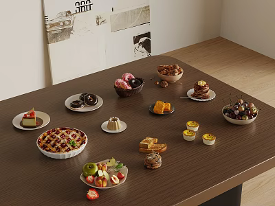Delicious Food Spread With Assorted Desserts Tarts Fresh Fruits Nuts And Pastries On Wooden Table 3d model