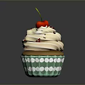 Freshly Baked Cupcake With White Cream Cherry Topping And Green Cloud Paper Cup