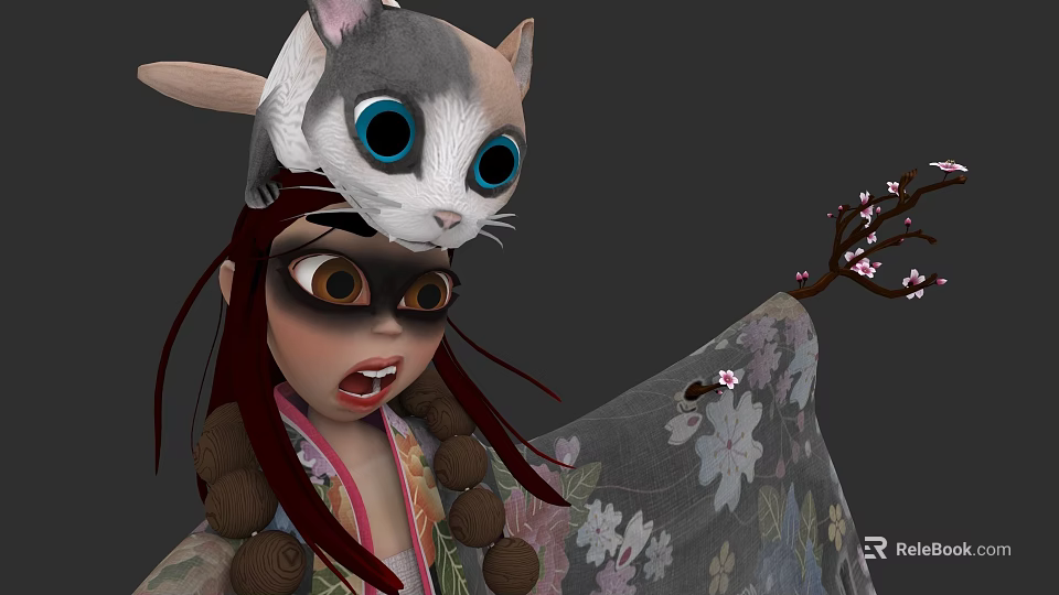 Game Movie Character Featuring Red Long Hair Gray White Cat On Head Cherry Blossom Kimono 3d model 