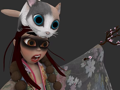 Game Movie Character Featuring Red Long Hair Gray White Cat On Head Cherry Blossom Kimono 3d model