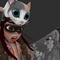Game Movie Character Featuring Red Long Hair Gray White Cat On Head Cherry Blossom Kimono