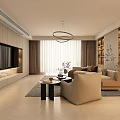 Modern Living Dining Room Interior With Chandelier TV Wall Sofa And Coffee Table