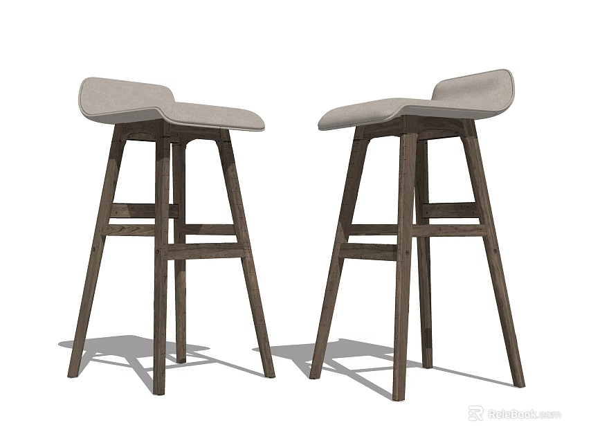 Modern Pair of Bar Stools with Wooden Frame and Light Colored Upholstered Seats 3d model 