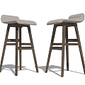 Modern Pair of Bar Stools with Wooden Frame and Light Colored Upholstered Seats