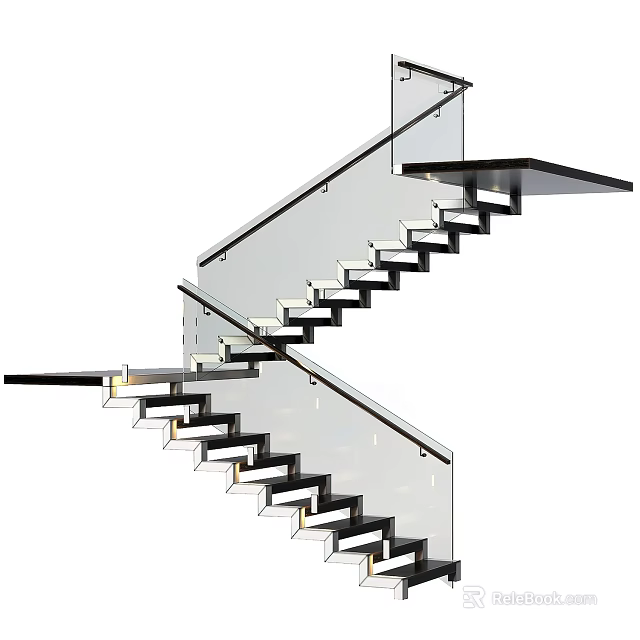Modern Open Floating Staircase Design With Glass Railing And Metal Structure 3d model