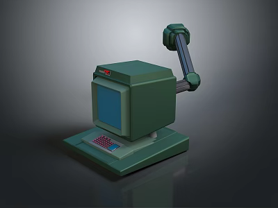 Green Mechanical Arm Machine Featuring Blue Screen Keyboard And Stable Base Design 3d model