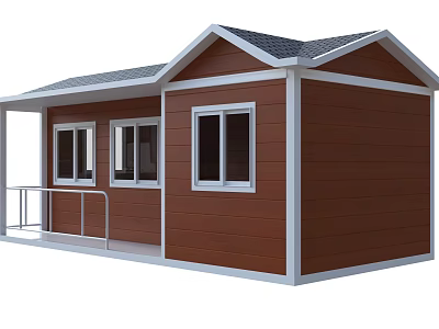 Guesthouse Building With Brown Wooden Siding White Window Frames Porch Railings And Dark Roof 3d model