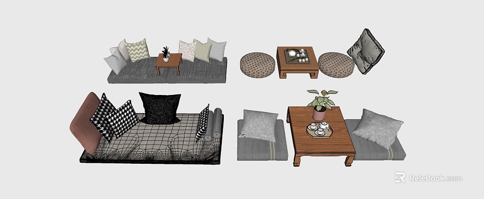 Cozy Modern Bay Window Interior Design With Sofa Cushions Wooden Coffee Table And Potted Plant 3d model 