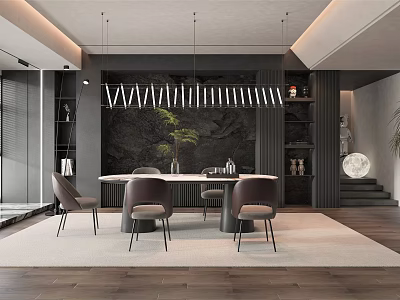 Modern Restaurant Interior Design With Round Dining Table Chairs Pendant Lights And Area Rug 3d model