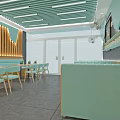 Modern Restaurant Interior Featuring Light Blue Seating Wooden Tables And Striped Ceiling 3d model