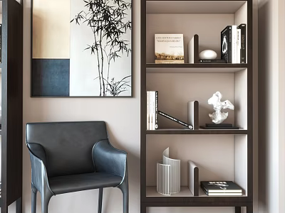 Modern Wooden Bookcase With Books Decorative Sculpture And Bamboo Painting Near Black Leather Chair 3d model