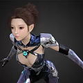 Woman In Futuristic Cybernetic Tech Suit With Metallic Accents And Glowing Details Running