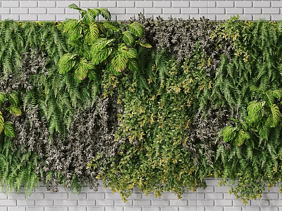 Lush Vertical Green Living Wall With Various Foliage And Brick Background 3d model