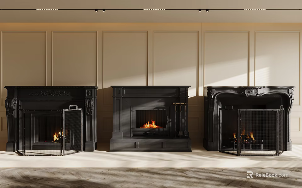 Three Black Fireplaces With Burning Fire In Sunlit Interior And Paneled Walls 3d model 