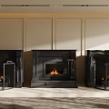 Three Black Fireplaces With Burning Fire In Sunlit Interior And Paneled Walls
