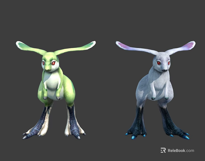 Two Fantasy Creature Characters With Green And White Bodies Long Ears Red Eyes 3d model 