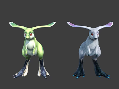Two Fantasy Creature Characters With Green And White Bodies Long Ears Red Eyes 3d model