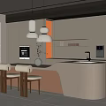 Modern Restaurant Kitchen Open Design With Island Counter Pendant Lights Shelves And Chairs