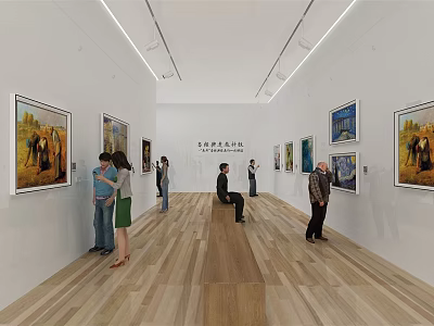 Art Gallery Interior With Visitors Viewing Paintings On White Walls And Wooden Floor 3d model