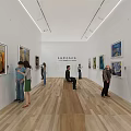 Art Gallery Interior With Visitors Viewing Paintings On White Walls And Wooden Floor