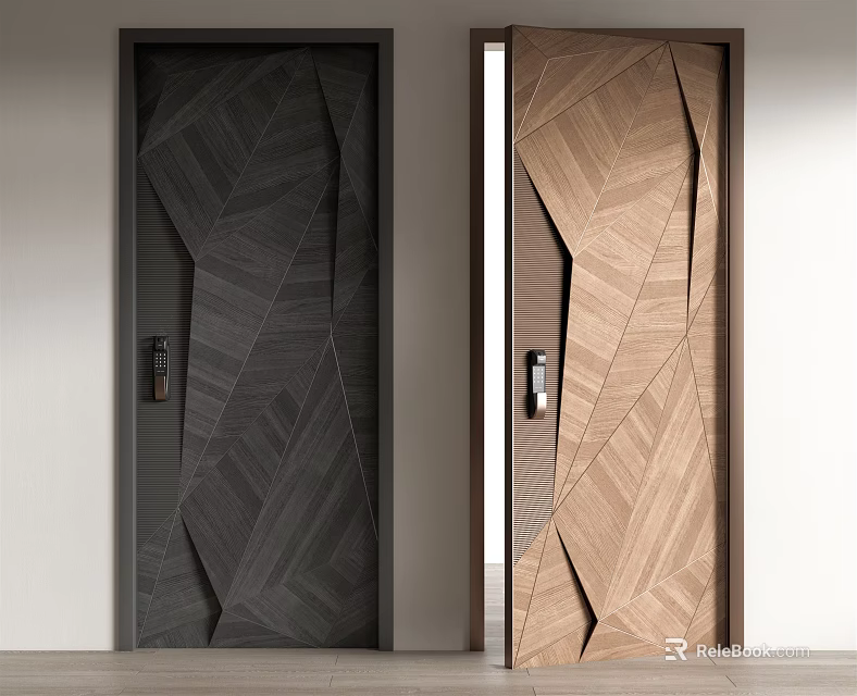 Modern Security Doors With Geometric Wooden Patterns And Secure Lock In Dark Light Brown 3d model 