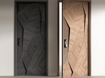 Modern Security Doors With Geometric Wooden Patterns And Secure Lock In Dark Light Brown 3d model