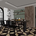 Elegant Restaurant Interior Featuring Geometric Pattern Floor Arched Windows Green Tiled Wall And Wooden Cabinets