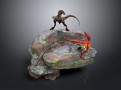 Two Realistic Vibrant Dinosaur Models Standing On Rocky Formation Display Scene 3d model