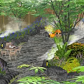 Serene Courtyard Garden With Green Trees Blue Flowers Rocks Table Chairs And Misty Atmosphere