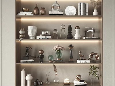 Modern Style Decorative Ornament Set On Multi Tiered Shelf With Vases Sculptures Books And Plants 3d model