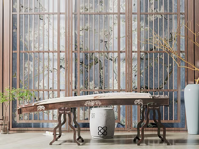 Traditional Musical Instrument in Chinese Style Interior with Elegant Screen Vase and Green Plants Decor 3d model
