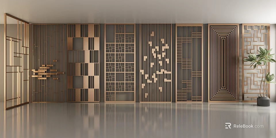 Elegant Modern Interior Screen With Geometric Grid Patterns And Metal Frame Design 3d model