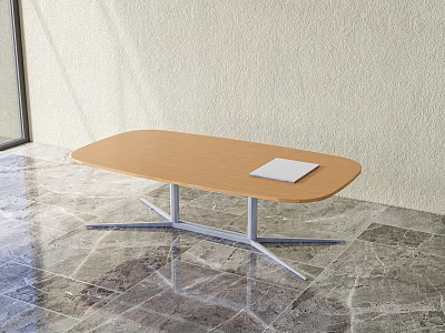 Oval Shaped Wooden Dining Table With Metal Frame And White Paper On Marble Floor 3d model