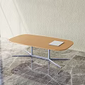 Oval Shaped Wooden Dining Table With Metal Frame And White Paper On Marble Floor