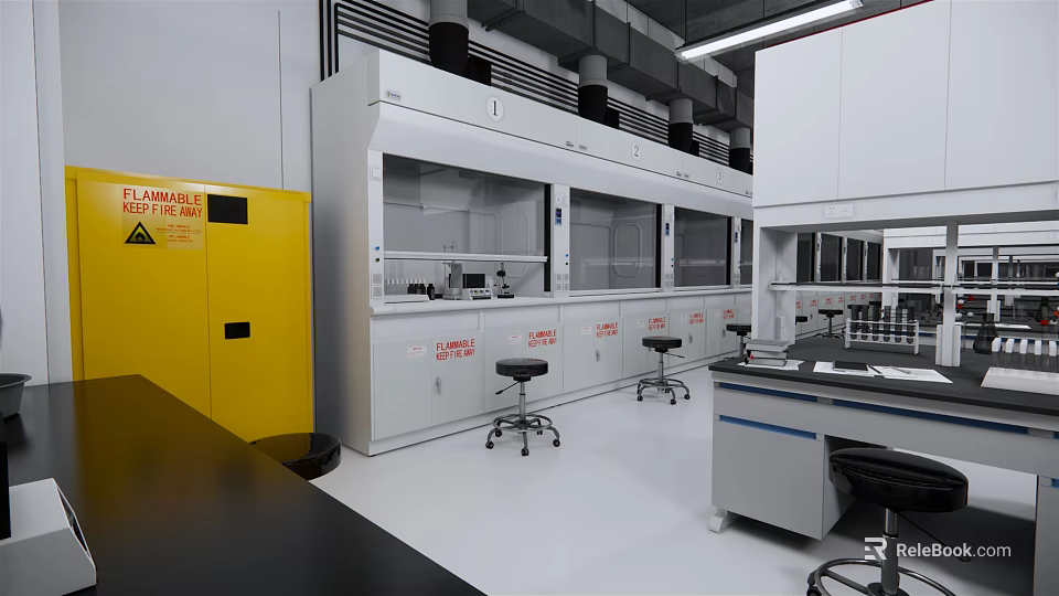 Modern Laboratory Interior with White Fume Hoods Yellow Storage Cabinets Lab Benches And Black Stools 3d model 