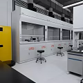 Modern Laboratory Interior with White Fume Hoods Yellow Storage Cabinets Lab Benches And Black Stools