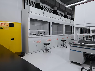 Modern Laboratory Interior with White Fume Hoods Yellow Storage Cabinets Lab Benches And Black Stools 3d model