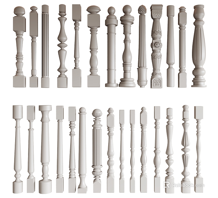 Various Baluster Styles Featuring Intricate Carvings And Simple Shapes For Railings 3d model 