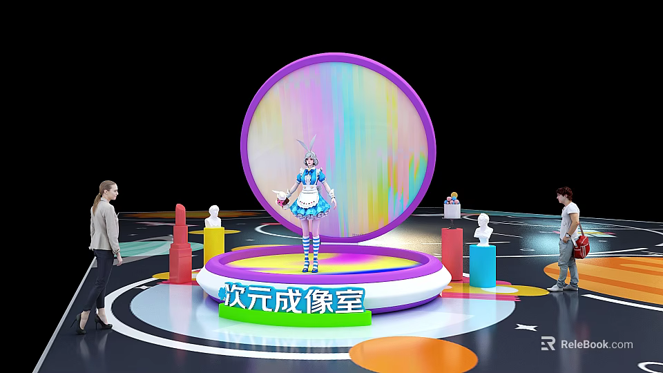 Vibrant Imaging Room With Colorful Circular Background And Character In Blue White Outfit 3d model 