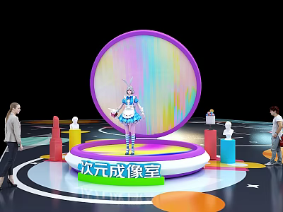 Vibrant Imaging Room With Colorful Circular Background And Character In Blue White Outfit 3d model