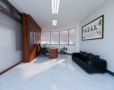 Modern Office Interior With Wooden Cabinet Desk Chair Black Leather Sofa And Windows With Blinds 3d model